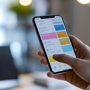 A hand holding a smartphone with a time management app Trello open, showcasing a well-organized schedule and to-do list, helping your business growth