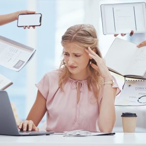 Businesswoman stress, anxiety and burnout in busy office of poor time management, tax audit and company crisis. Overworked, sad and frustrated worker struggle in challenge, problem and deadline worry, The Real Reason Entrepreneurs Struggle With Time Management