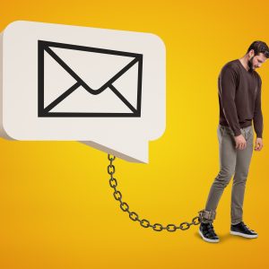 Man chained to his email notifications concept, icon representing the pressure of digital connectivity