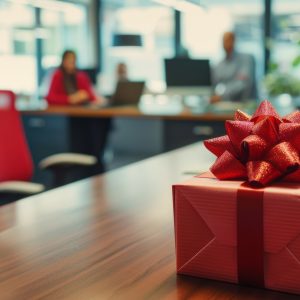 Red gift box on office desk with christmas tree