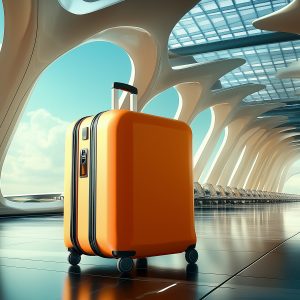 Bright orange suitcase is standing alone in a modern airport terminal waiting for its owner, successful entrepreneurs take of vacations every year