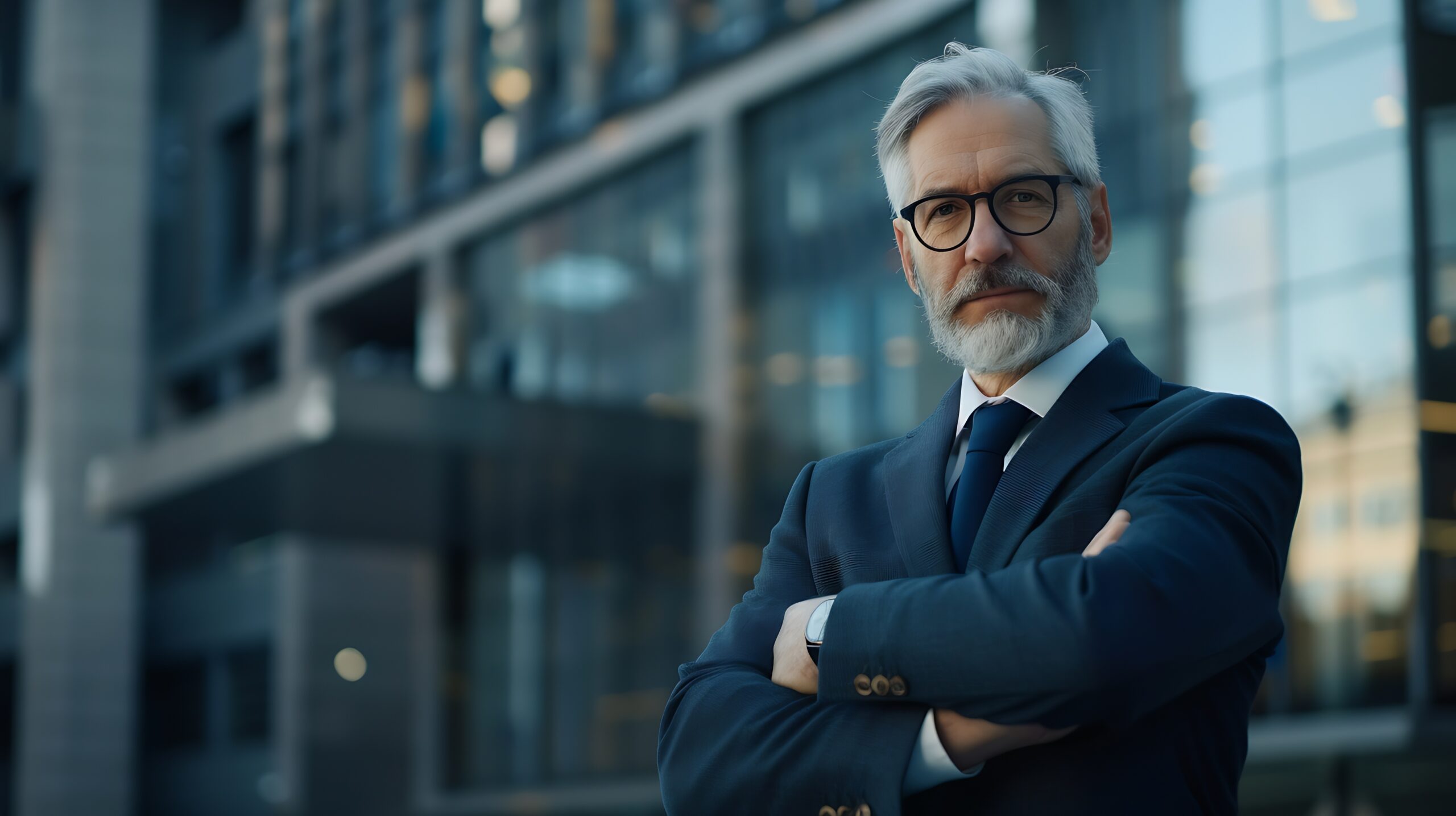Portrait of mature successful boss gray haired businessman looking at camera with crossed arms man outside office building in business suit and glasses, playing advocate