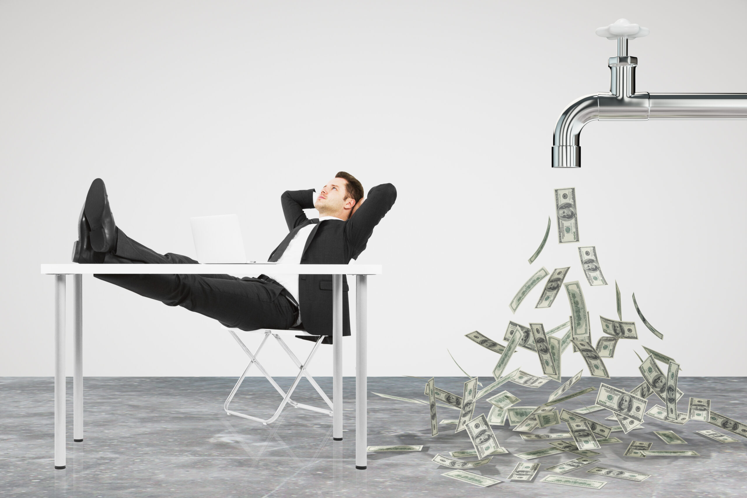 Businessman resting on a chair and faucet from which the money flow, ways to make sure your company never runs out of cash again