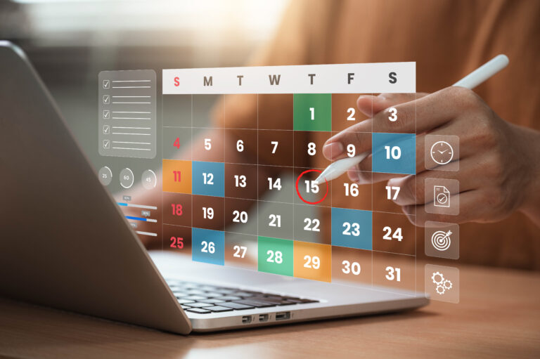 Time management and scheduling concept with calendar, checklist, and task planning for productivity, project management, deadline tracking, and efficient organization of daily activities, Schedule your focus time