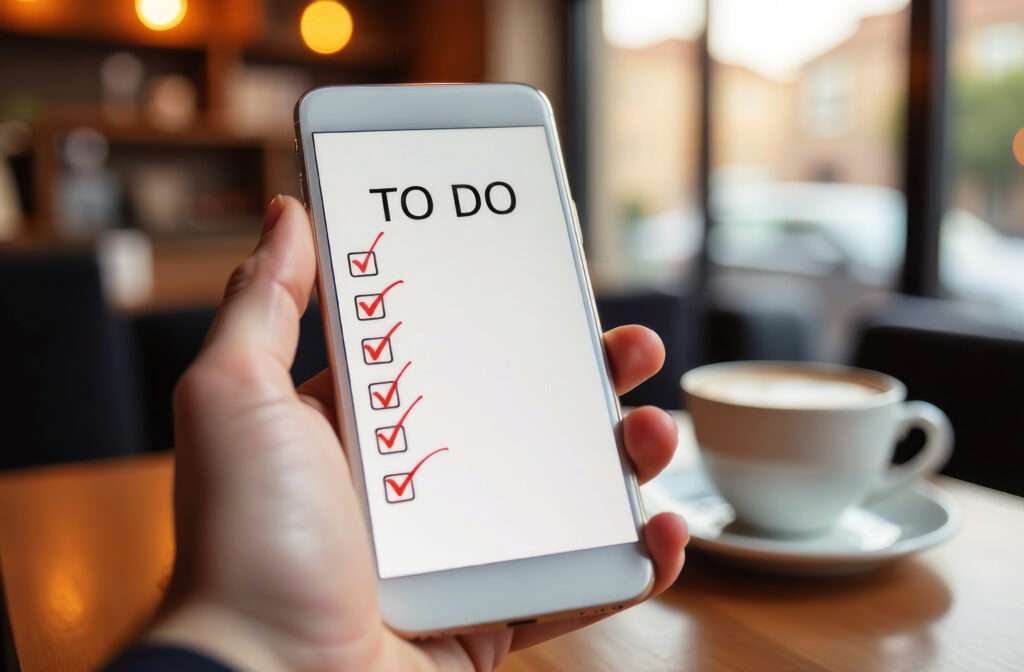 A hand holds a smartphone showing a completed to-do list in a warm cafe setting with a coffee cup nearby.