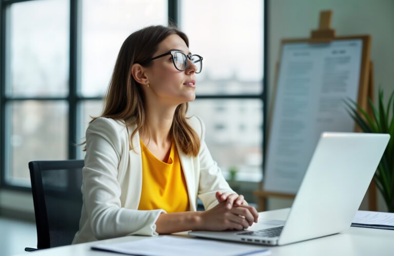 Businesswoman sits at desk in office. Looks thoughtful. Potential problems solutions considered. Setting suggests planning decision-making. Crossroads: deciding what you really want out of your business