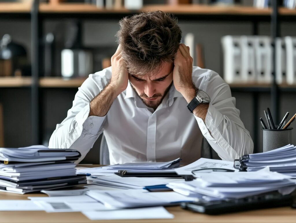 A manager overwhelmed with paperwork, reflecting the stress of micromanaging and inefficient processes, your addictive tendencies are hurting your business