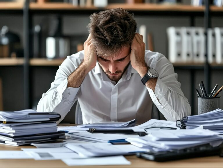 A manager overwhelmed with paperwork, reflecting the stress of micromanaging and inefficient processes, your addictive tendencies are hurting your business