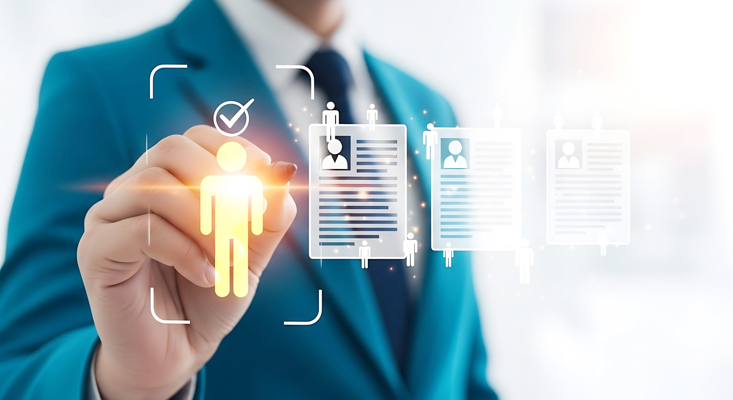 Recruiter selecting a candidate profile from a digital interface, symbolizing the hiring and selection process in human resources, hire, job searching