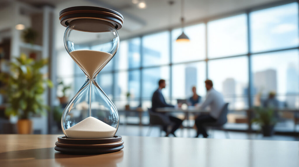 Hourglass standing on office table against background of colleagues meeting in meeting room, Employees’ productivity