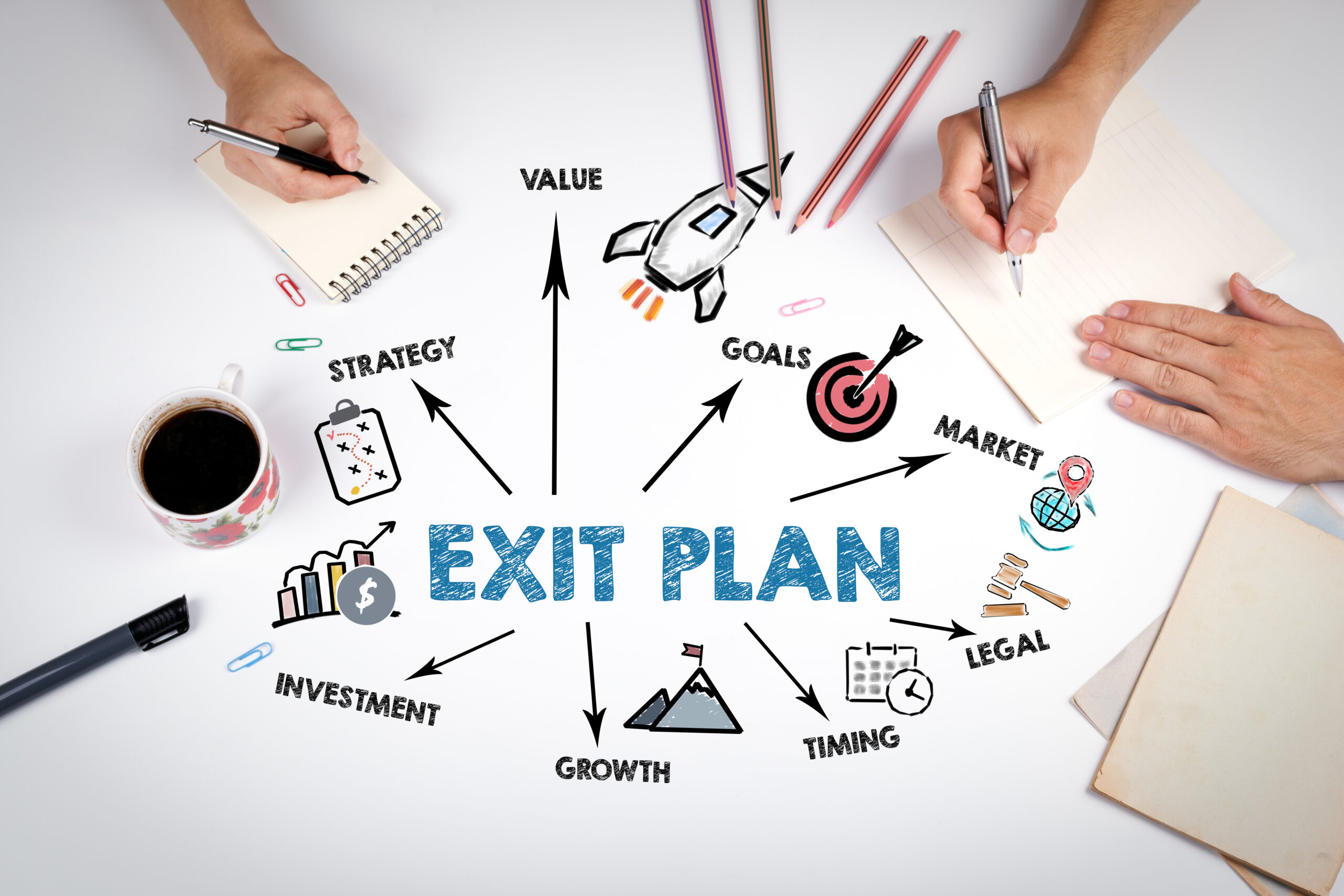 EXIT PLAN Concept. The meeting at the white office table.