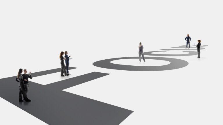 Corporate artwork with team standing on word FOCUS. Concept of concentration and priority management visuals, productivity frameworks, team alignment materials, performance strategy presentations.