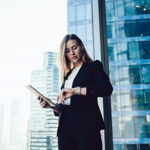 business woman in elegant formal wear, Save time at work