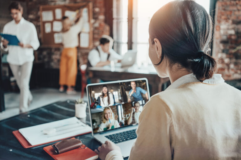 Office business team concept. Video conference call using laptop with employees, remote working teammates