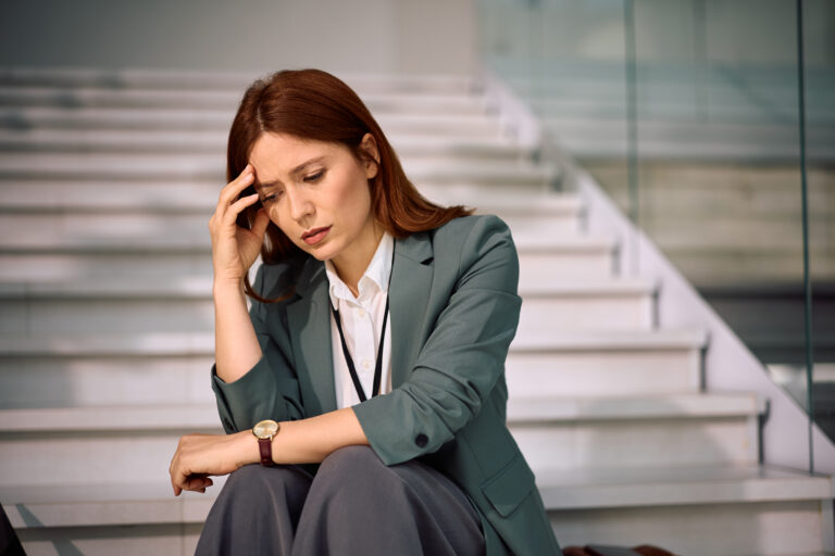 Worrying, Worried businesswoman sitting on staircase in office, Sad entrepreneur thinking